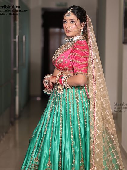 A full-length view showing how the makeup stands out and complements the vibrant colors of the bridal attire in a real-world setting.