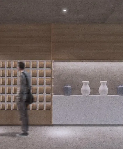 A wall display concept showing distinct zones for different products, like a "Soap Bar" and "Pottery." This approach to spatial planning helps organize the customer experience and tell different stories within one space.
