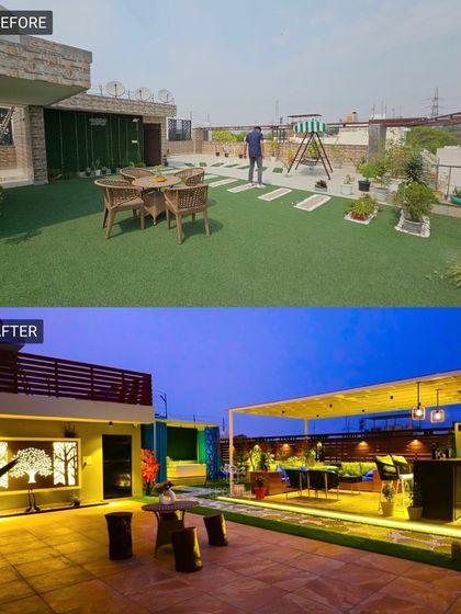 A previously underutilized terrace is now a vibrant, multi-level entertainment space. The after view highlights a custom tree wall art piece, a pergola-covered seating area, and a bar, all illuminated for a stunning night effect.