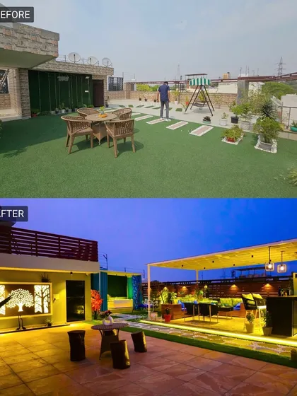 A previously underutilized terrace is now a vibrant, multi-level entertainment space. The after view highlights a custom tree wall art piece, a pergola-covered seating area, and a bar, all illuminated for a stunning night effect.