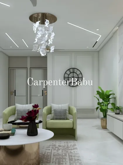A different view of the living room, highlighting the large clock and the elegant wall paneling. The space feels bright, open, and tastefully decorated.