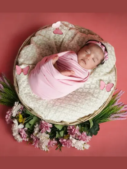 Another angle from the at-home twin session, showing the baby nestled in a basket with floral and butterfly details.