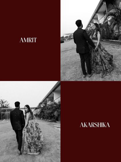 A creative collage using black and white photos and bold text to introduce the couple, Amrit and Akarshika.
