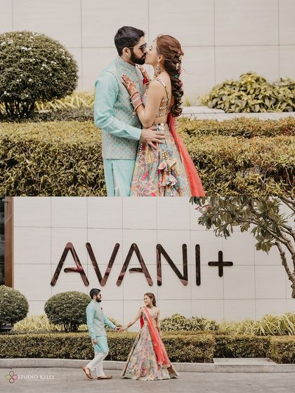 A collage featuring the couple kissing and walking hand-in-hand in front of the Avani+ hotel sign, beautifully branding their wedding location.