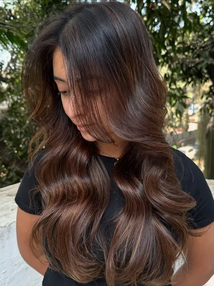 I call this look 'Hazelnut Chocolate Truffle'. It's a deep, rich brunette base with fine hazelnut highlights that add a subtle shimmer. This is a great option for anyone wanting to enhance their dark hair without a drastic change.