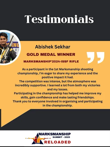 We are proud to share this testimonial from Abishek Sekhar, a Gold Medal Winner in the ISSF Rifle category at our 2024 Marksmanship Summit. His experience highlights the supportive yet competitive atmosphere we cultivate.