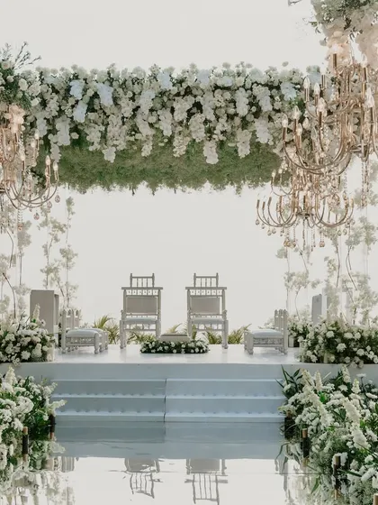 An ethereal all-white mandap set against the ocean. This setup features a canopy of white florals, elegant chandeliers, and a mirrored aisle, creating a serene and luxurious atmosphere for a vow renewal ceremony at the Grand Hyatt Goa.