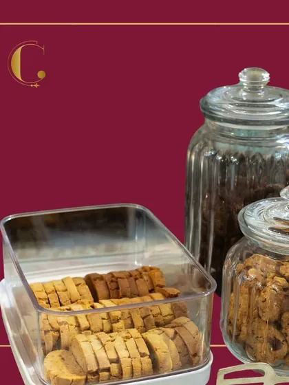 A selection of our freshly baked cookies and biscotti, presented in classic glass jars. These are the perfect accompaniment to our freshly brewed coffee and tea selections.