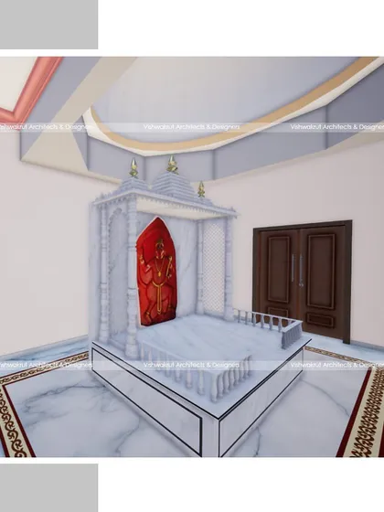 A render of the marble 'mandap' inside the Hanuman Mandir. The design is clean and elegant, using white marble to create a sense of purity and serenity around the deity.