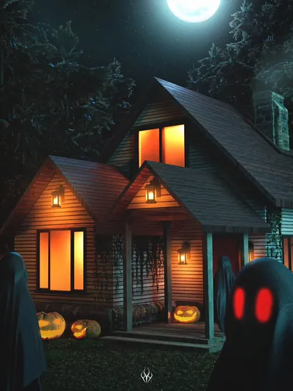 An atmospheric shot of a haunted house on Halloween night. The focus here is on environmental design and lighting, with glowing windows and shadowy ghosts lurking in the foreground to create a complete, eerie scene.