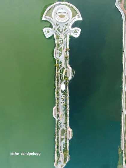 An interesting key-shaped structure in a lake in Dahod, Gujarat. Aerial photography often reveals surprising shapes and patterns that are invisible from the ground.