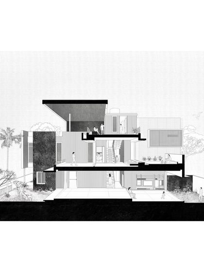 This sectional drawing of the "Solid | Void | Solid House" illustrates how public living spaces connect the more private bedroom volumes, with a large canopy unifying the composition.