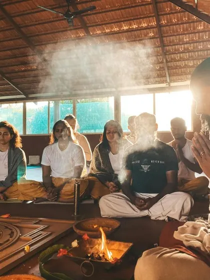 Here, we gather for a fire ceremony, a sacred ritual to purify the mind and set intentions. The rising smoke carries our prayers, and the warmth of the flame connects us to the divine energy that flows through all of life. This is the spiritual heart of our training, a practice that goes far beyond physical postures.