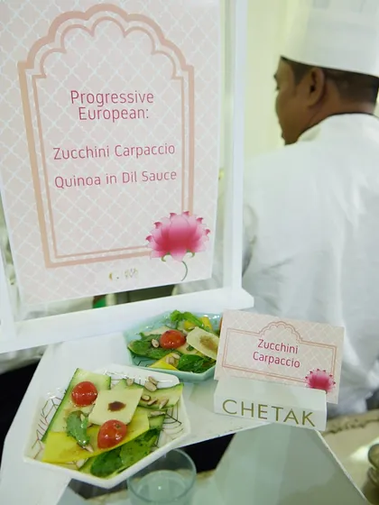 Our progressive European Zucchini Carpaccio, thinly sliced and delicately arranged. This light and refreshing dish is perfect for a sophisticated start to a meal.