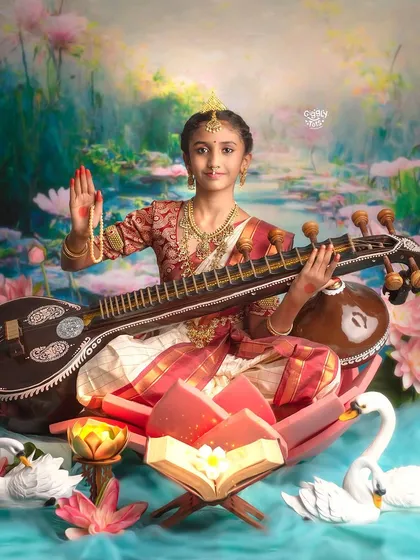 An artistic and devotional portrait bringing the grace of Goddess Saraswati to life. These elaborate, themed photoshoots are a wonderful way to celebrate our culture, art, and the divine feminine.