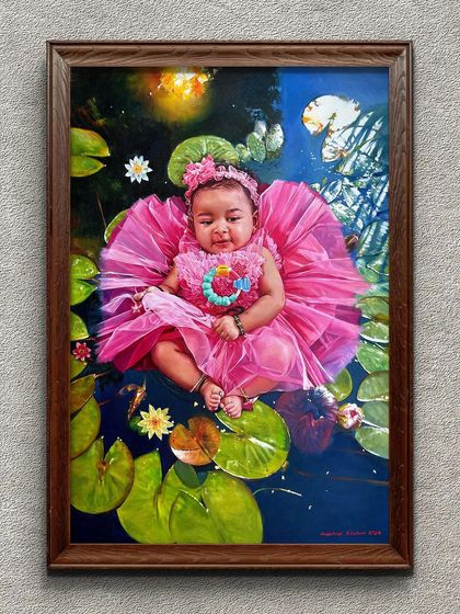 The "Ishanvi" painting shown in a digital frame, illustrating how a large-scale oil portrait can become a stunning centerpiece in a home.