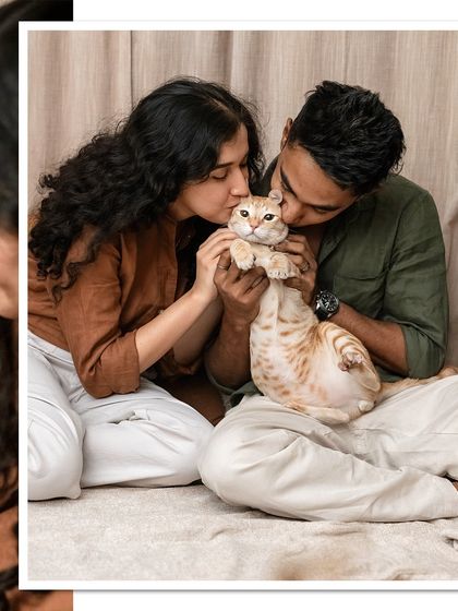 A collage showing a sweet "cat sandwich" kiss, with the couple kissing Toffee from both sides. A perfect, fun-loving portrait from their at-home engagement shoot.