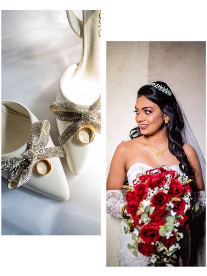 A diptych featuring a close-up of the wedding rings on the bride's shoes and a portrait of the bride herself. This creatively combines a detail shot with a classic portrait.