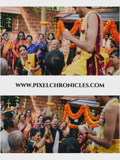 The fun and excitement of the garland exchange, with family and friends cheering on the happy couple.