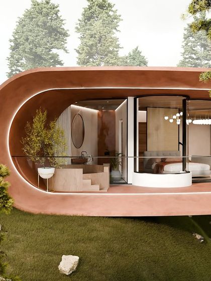 One of the floating villas at "Hillucinations," featuring a curved glass facade that opens up to a private balcony, blurring the line between indoors and out.