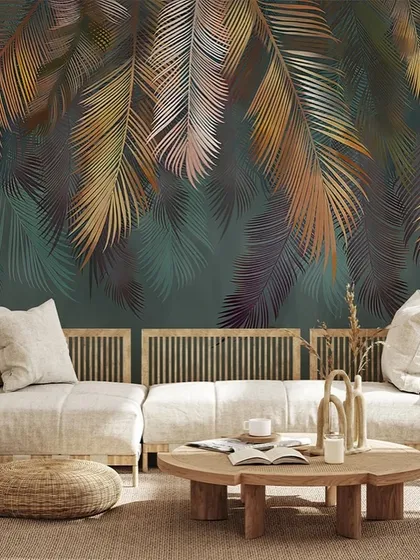 This wallpaper features hanging golden palm leaves against a dark green background, creating a luxurious and sophisticated tropical ambiance.