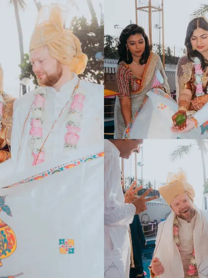 The groom's joyful and candid reactions during the wedding rituals. We believe in capturing the personalities of both the bride and groom throughout the day.