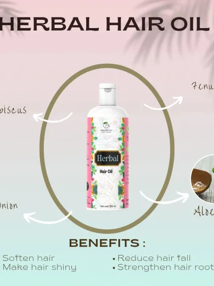 My Herbal Hair Oil is packed with the goodness of nature. I use powerful ingredients like Hibiscus, Onion, Fenugreek, and Aloe Vera to reduce hair fall, soften hair, and make it shiny from the roots.