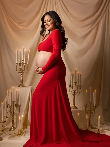 A soft, smiling portrait from the same candle-lit setup, capturing her joyful anticipation.
