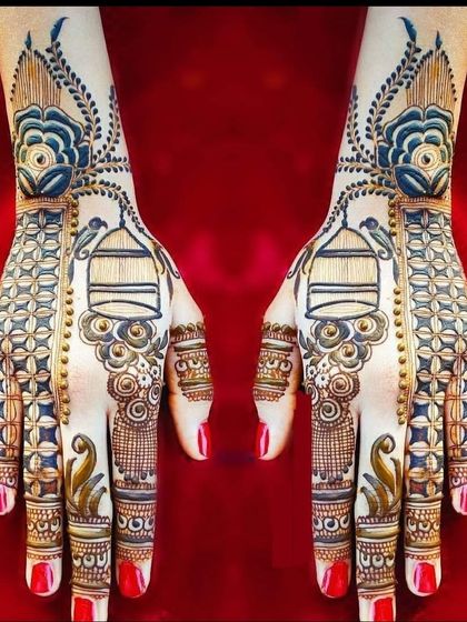 A creative design featuring palanquins (doli) with blue accents, offering a modern and colorful take on a traditional motif.