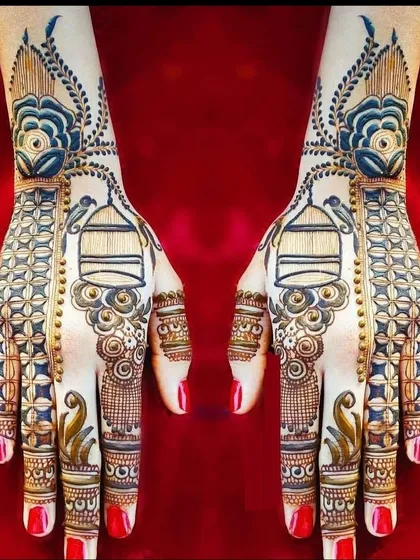 A creative design featuring palanquins (doli) with blue accents, offering a modern and colorful take on a traditional motif.