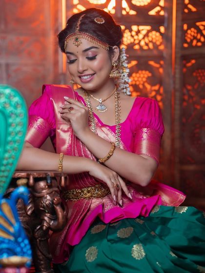 A close-up showing the flawless finish of the airbrush makeup and the soft, romantic eye look.