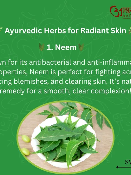 Neem is a powerful Ayurvedic herb for radiant skin. Known for its antibacterial properties, it is perfect for fighting acne, reducing blemishes, and clearing your skin for a smooth, healthy complexion.