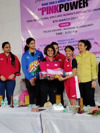 Avani receiving her gold medal at the "Pink Power" junior girls tournament. We build champions from a young age.