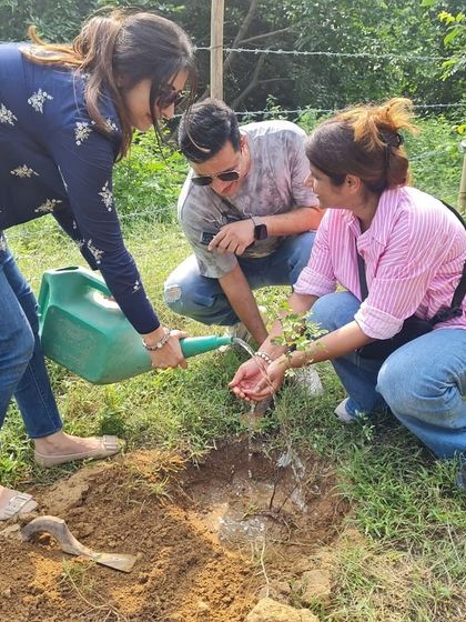 Teamwork in action as NatWest employees water a newly planted sapling, helping to restore the soil health of the degraded Ghata Bundh.