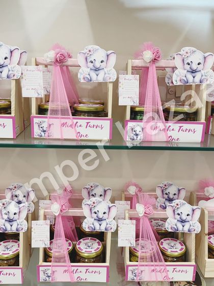 Getting a bulk order ready. These cute elephant-themed hampers are all lined up and waiting to make guests smile.