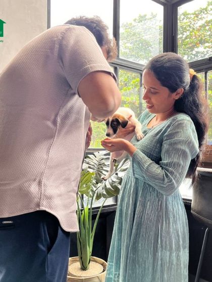 A couple shares a sweet moment with a tiny puppy near a window during our reading event.