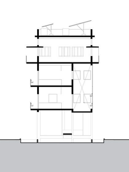 A sectional drawing highlighting the passive design features of the ASA Office, including the skewed windows for glare control and the landscaped courtyards that facilitate natural ventilation and social interaction.