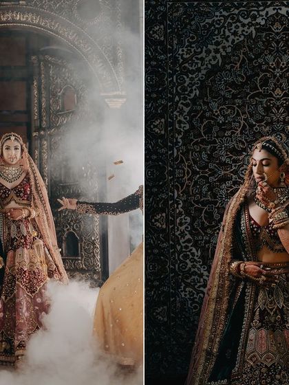A dramatic diptych of Sharun's bridal entry. The smoke and theatrical lighting create a powerful and unforgettable moment, showcasing a bride who is ready to make a statement.