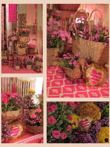 A collage of Haldi decor details, showcasing the use of earthy matkas, rattan baskets, and a mix of marigold yellow and gulabi pink blooms for a traditional yet fresh look.