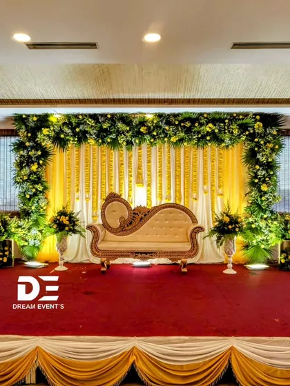 A half-saree function marks a beautiful milestone. We created this grand and vibrant stage using a classic yellow and green color palette, with a lush floral arch and elegant seating to honor the occasion with traditional grace.