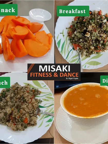 A visual guide to a day of healthy eating with Misaki. This includes a nutritious breakfast, a balanced lunch, a light dinner soup, and a healthy fruit snack.