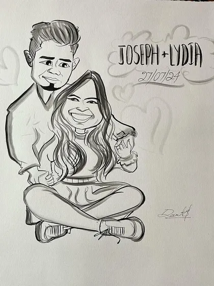 A perfect gift for your special someone. This custom couple caricature captures a happy moment, complete with names and a date to remember it by.