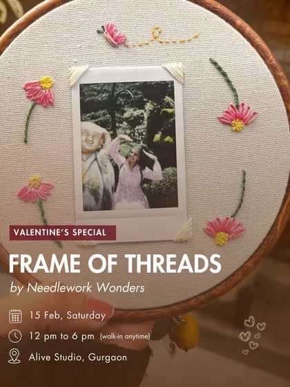 A Valentine's special workshop announcement for creating a personalized embroidered photo frame. A perfect, heartfelt gift to make for a loved one.