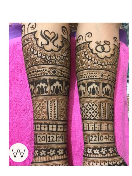 A close-up of the forearm portion of a bridal design, featuring auspicious symbols and the couple's wedding date.