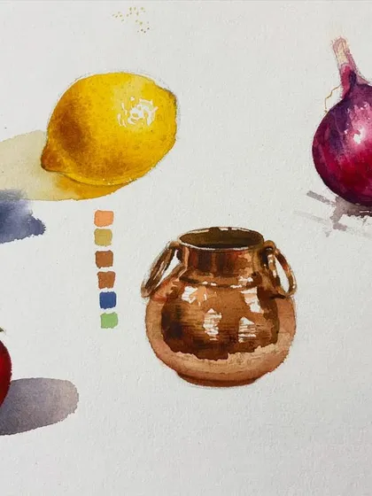 An object study sheet from my online watercolor class. We practiced painting different surfaces and forms, including a sphere, a lemon, an onion, a tomato, and a copper pot.