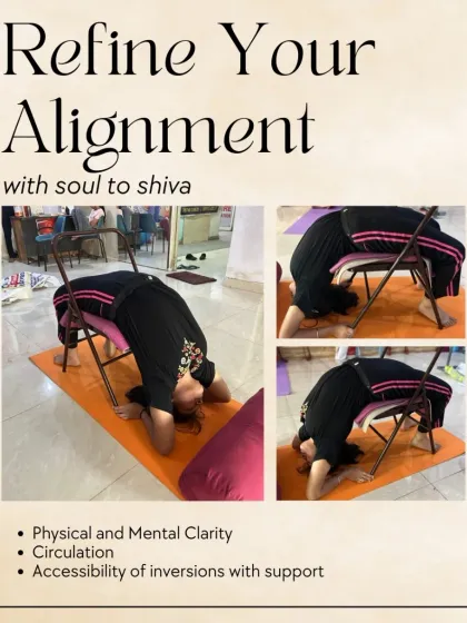 This collage shows how a yoga chair can be used for supported inversions. It helps refine alignment, improves circulation, and makes the benefits of inversions accessible to more students.