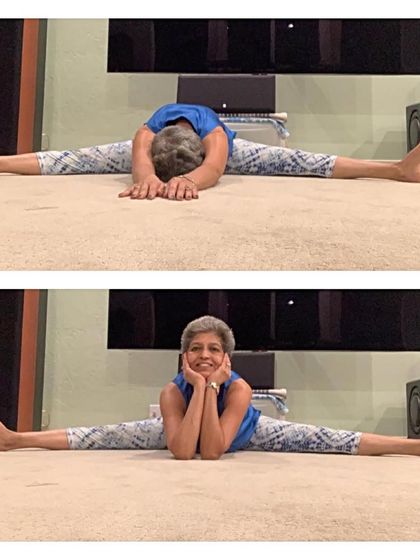 A two-part image showing the progression into a full split, from a relaxed position to an engaged one. This demonstrates the active and passive phases of stretching.