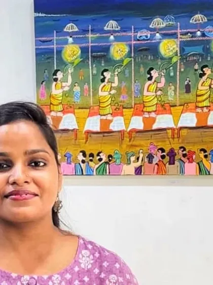 Here I am standing next to my sold Paitkar painting of the Ganga Aarti. It makes me so happy to know my art will be a part of someone's home.