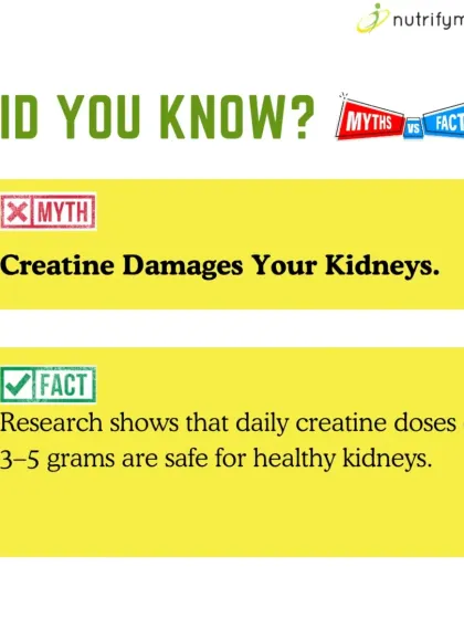 Myth: Creatine damages your kidneys. Fact: Extensive research shows that daily doses of 3-5 grams are safe for individuals with healthy kidneys.