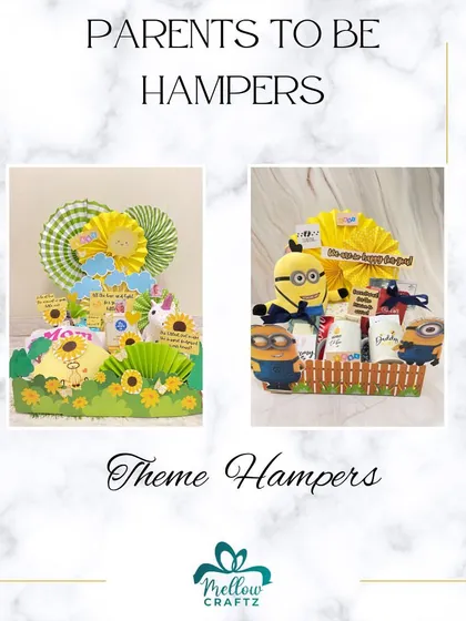 We offer a variety of themed hampers for parents-to-be. This image showcases our popular garden and Minion-themed options.